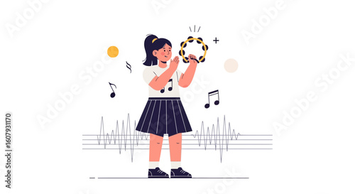 Young Girl Plays Tambourine In Music Class With Sound Waves Illustration