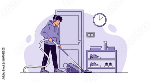 Young Man Doing Housework Vacuuming While Listening To Music At Home