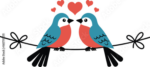 Adorable Lovebirds A Sweet Illustration of Two Birds Sharing a Tender Moment on a Branch, Surrounded by Hearts