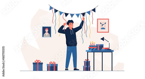 Young Man Decorating Room With Party Garlands For Celebration Event