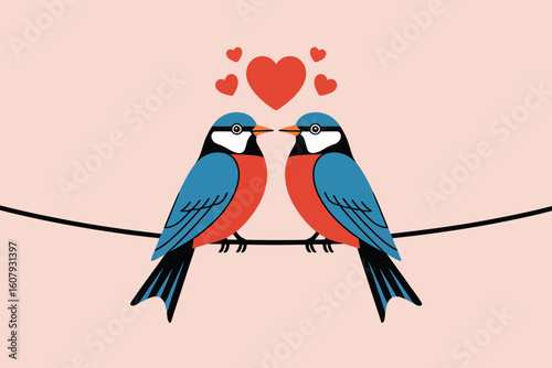 Romantic Bird Couple on Wire Valentine's Day Love Illustration , Celebrating Friendship day
