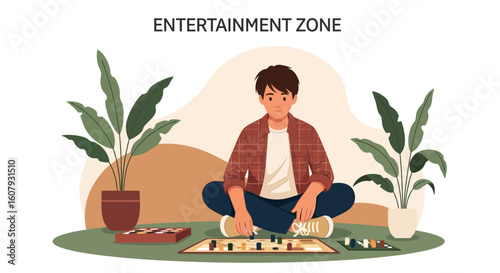 Young Man Playing Checkers At Home Enjoying Leisure Time Activity