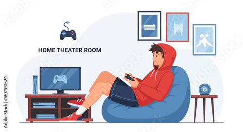 Young Man Plays Video Games Relaxing On A Beanbag Chair In Living Room