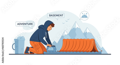 Young Man Practicing Tent Setup for Future Mountain Adventure in Basement