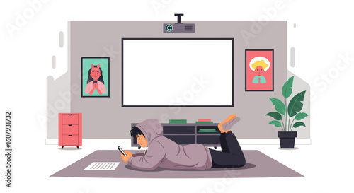 Young Man Relaxes At Home Using Smartphone For Entertainment With Projector Screen