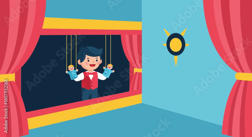 Young Performer Directing Hand Puppets At Theatrical Show In Bright Colorful Setting
