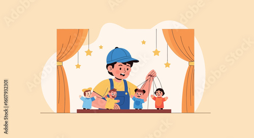 Young Puppeteer Presenting a Delightful Show With Stage And Cheerful Characters