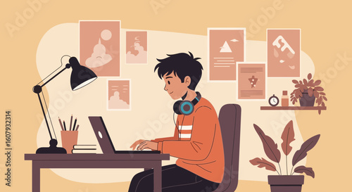 Young Professional Comfortably Working At Home Illustration For Creative Projects