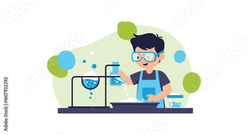Young Scientist Conducting An Experiment In The School Laboratory Illustration