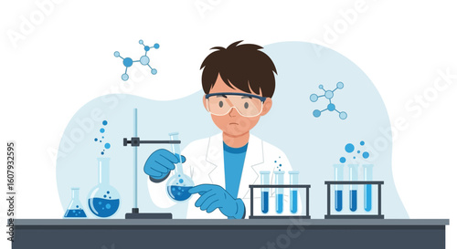 Young Scientist Performing Chemical Experiments In A Laboratory With Liquid