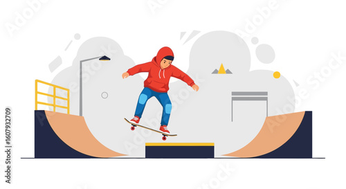 Young Skateboarder Practicing Stunt In Urban Skatepark With Ramps And Obstacles
