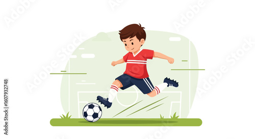 Young Soccer Player Kicking Ball On Field Illustration With Energy And Skill