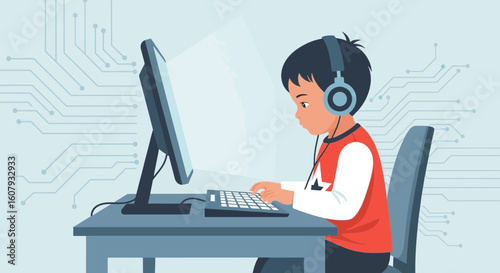 Young Student Immersed In Technology With Circuit Background Illustration