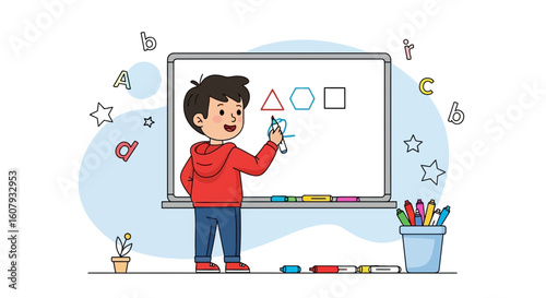 Young Student Learning Shapes on Whiteboard Illustration for Education Concepts