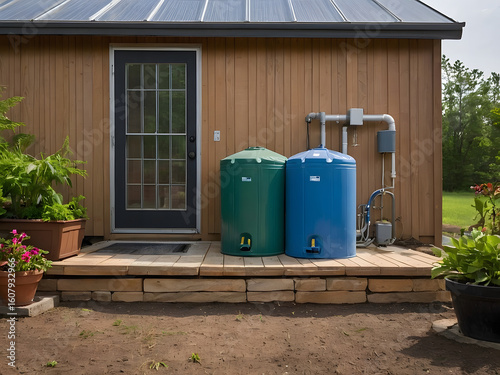 Rainwater Harvesting System: An exterior shot of a home showcasing a rainwater harvesting system, demonstrating sustainable living and eco-friendly practices.