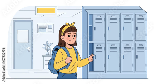 Young Student Opens Her Locker In School Hallway Illustration Concept