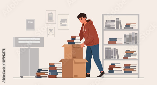 Young Student Preparing Boxes With Books, Indoor Study And Learning Concept