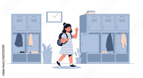 Young Student Waving Goodbye In School Hallway With Blue Lockers