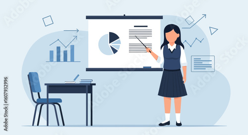 Young Teacher Explaining Chart Data During Lesson At School Presentation