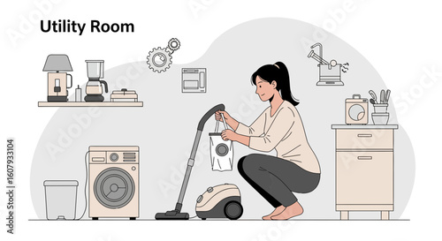 Young Woman Changing Vacuum Cleaner Bag In Bright Modern Utility Room