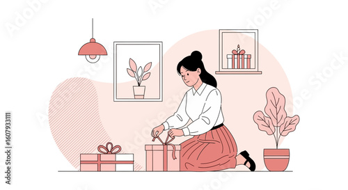 Young Woman Carefully Wrapping Gifts In Her Home With Thoughtful Preparation