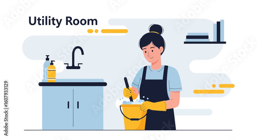 Young Woman Cleaning a Utility Room in a Modern Style Illustration