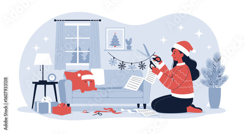 Young Woman Crafts Christmas Paper Decorations At Home Before Celebration