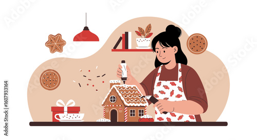 Young Woman Decorating Gingerbread House, Festive Season Home Decoration Activity