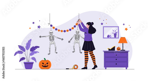 Young Woman Decorating Home With Halloween Ornaments For Spooky Festivities
