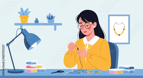Young Woman Enjoys Making Handmade Jewelry At Home In Her Creative Studio