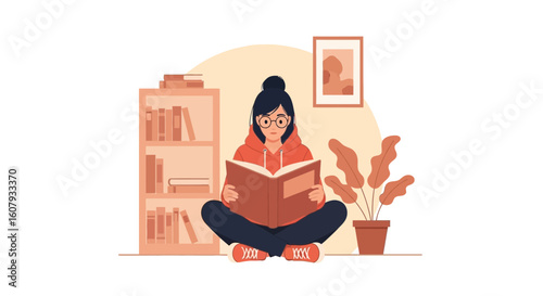 Young Woman Enjoys Reading Novel At Home In Cozy Relaxing Environment