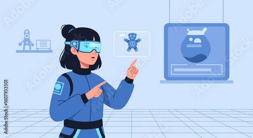 Young Woman Interacting In Metaverse With Virtual Reality Futuristic Glasses