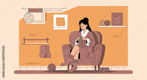 Young Woman Knitting In A Cozy Room Creating Homemade Crafts Illustration