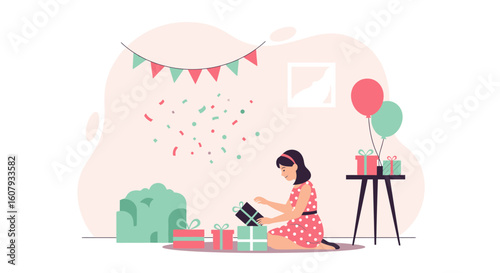 Young Woman Joyfully Unwrapping Gifts in a Festive Celebration Setting