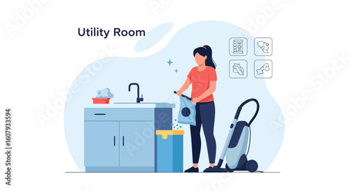Young Woman Maintaining Household Hygiene Cleaning Utility Room Daily Tasks