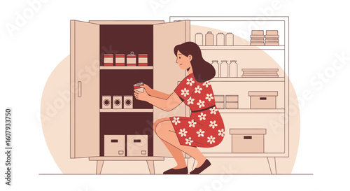 Young Woman Organizing Food In Pantry At Home With A Red Floral Dress