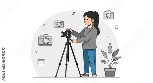 Young Woman Photographer Posing With Camera On Tripod In Creative Studio