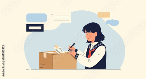 Young Woman Prepares Mailing Package, Expressing Care and Connection Through Mailing