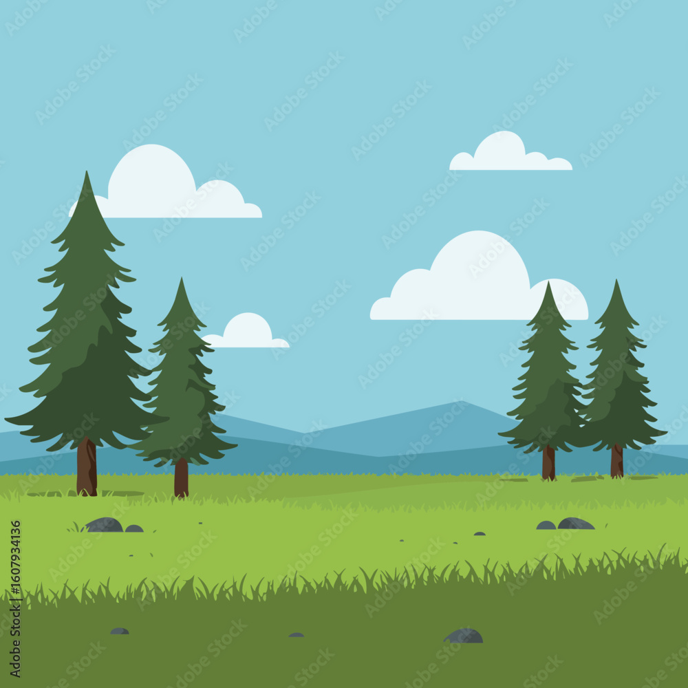 Fototapeta premium Pine Trees Landscape with Green Grass and Blue Sky under White Clouds Vector Illustration