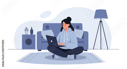 Young Woman Relaxing At Home With Laptop On Living Room Floor