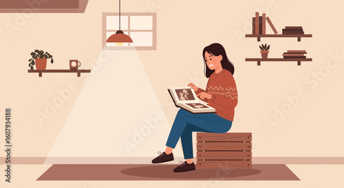 Young Woman Reminiscing Past Memories While Looking At A Photo Album Indoor