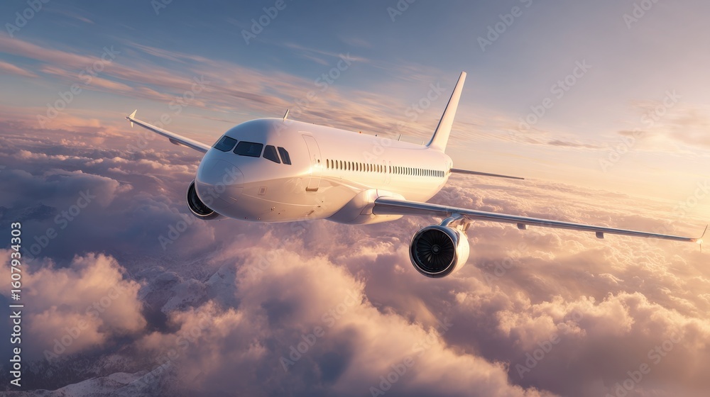 Obraz premium Modern Commercial Aircraft Flying Above Clouds at Sunset - Digital Aviation Illustration