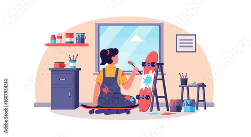 Young Woman Sits on Skateboard Painting Creative Design On A Skateboard