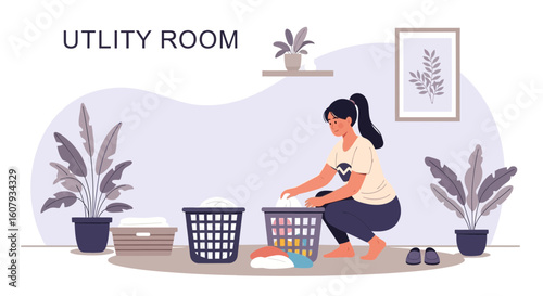 Young Woman Sorts Laundry In A Bright And Clean Utility Room Illustration