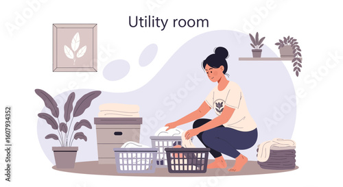 Young Woman Sorts Laundry In The Utility Room For Washing Machine