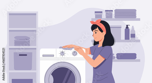Young Woman Wiping Down A Washing Machine In A Well Organized Laundry Room