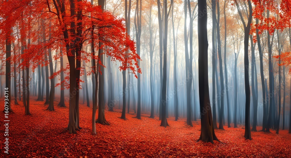 Obraz premium Autumn brings a mystical forest enveloped in blue fog. The enchanted trees, adorned with orange and red leaves, paint a vivid picture. A path cuts through this dreamy, foggy forest, enhancing its