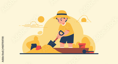 Youngster Digging Sand At Sunny Beach During Summer Vacation Time