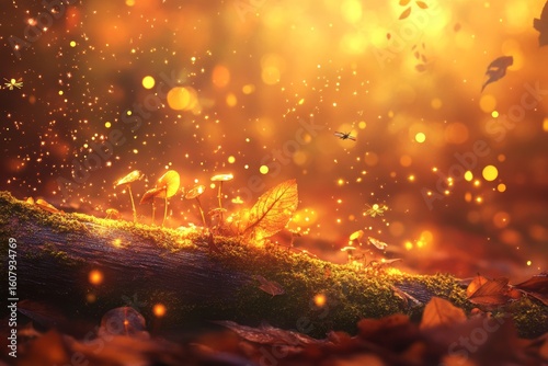 Enchanting forest with shimmering mushrooms and dancing fireflies at the onset of dusk