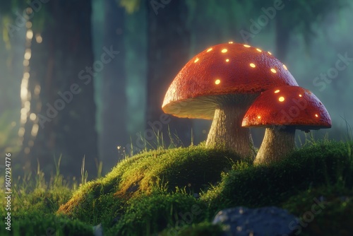 Fireflies casting light on glowing mushroom lamps in the enchanting forest